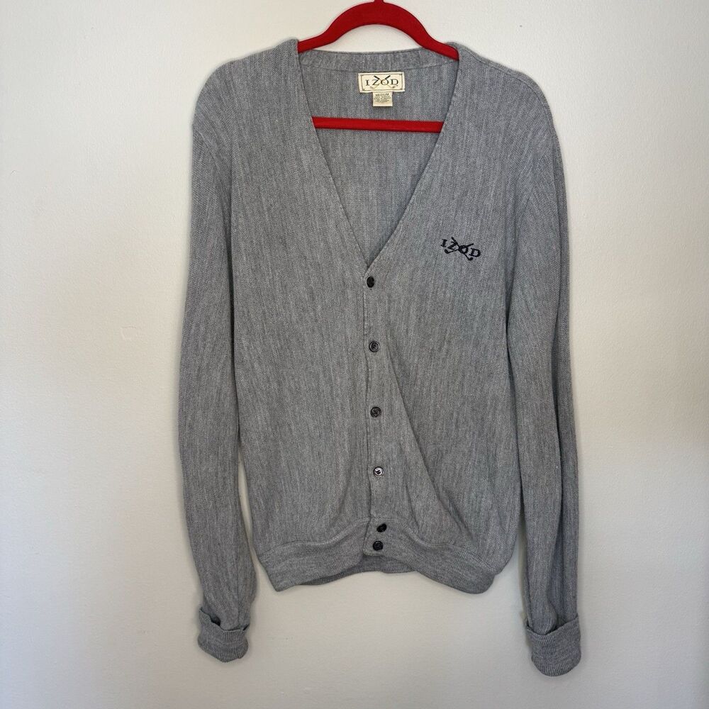 Vintage IZOD Mens Medium Golf Button Down Cardigan Sweater Coastal Grandpa Gray